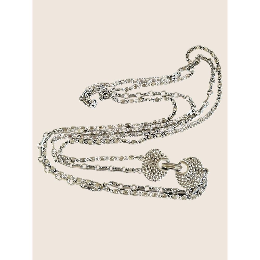 🐚 VTG SILVER TONE MULTI STRAND LAYERED CHAIN NECKLACE CLAM SEA SHELL CLASP 70s